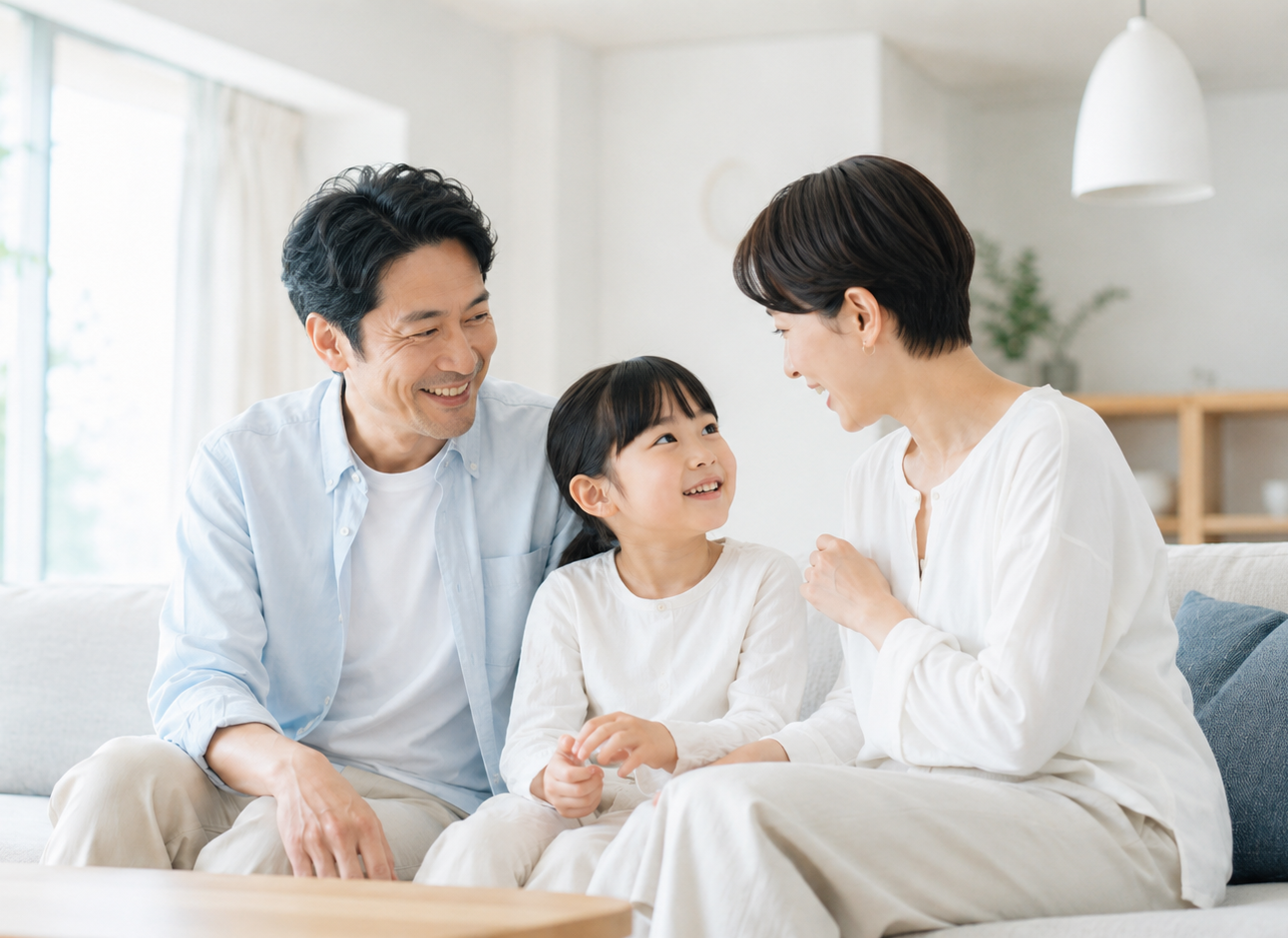 家族が明るい未来を見つめる様子
